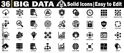 Solid icons for big data and cloud flow management set. Including an infrastructure speed value, grid goal innovation, and real-time analytics dashboard elements vector illustration.