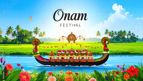 Onam festival illustration boat parade on river amidst lush green scenery
