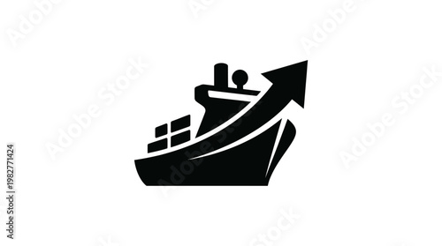 Icon of Cargo Ship with Arrow in Black Vector Style for Logistics and Shipping Concepts