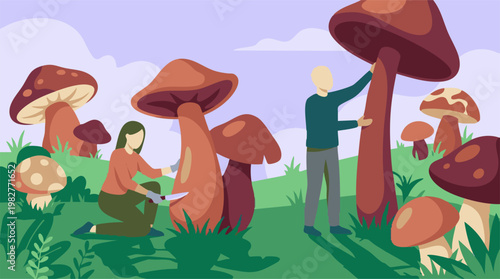 People harvesting giant mushrooms in a whimsical fantasy forest illustration