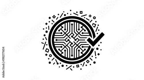Vector Icon of a Digital Checkmark Inside a Circuit Circle for Technology Verification