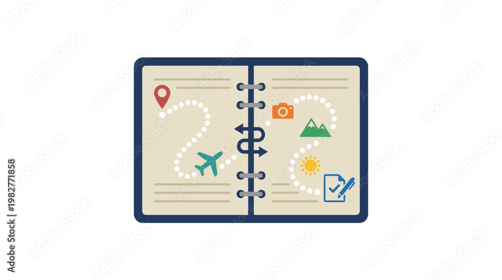 Fototapeta premium Icon of Travel Planning Notebook With Flight, Map, and Camera Symbols in Modern Style