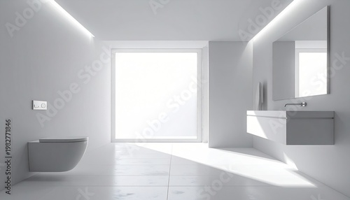 Modern Minimalist White Bathroom with Large Window and Floating Vanity.