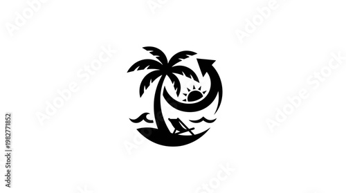 Vector Icon of Tropical Island with Palm Trees and Sunset for Travel and Vacation Design