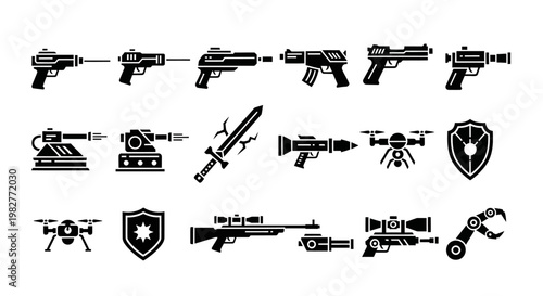 Collection of Various Black and White Weapon Icons.