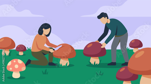 Illustration of People Mushroom Foraging and Cleaning in a Grassy Field