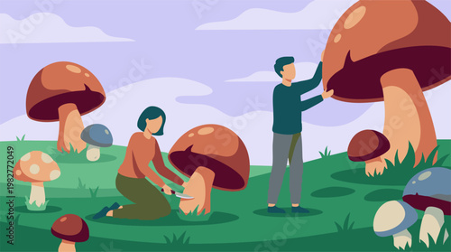 People picking giant mushrooms in a whimsical natural landscape