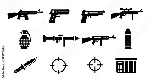 Collection of Various Black Weapon Icons.