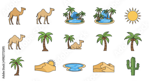 Desert Oasis Collection: Camels, Palms, Sun, Dunes, Cactus & Water