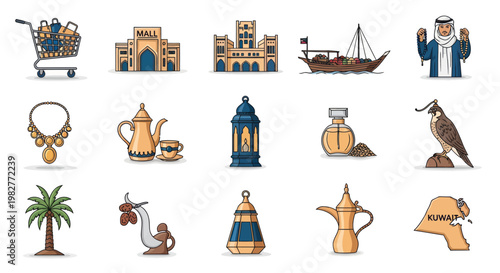 Kuwait Culture Icons: Dhow, Falcon, Dates, Coffee Pot, Shopping Cart, Traditional Buildings
