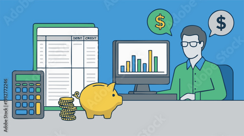 Accountant Managing Finances with Ledger, Computer, and Savings