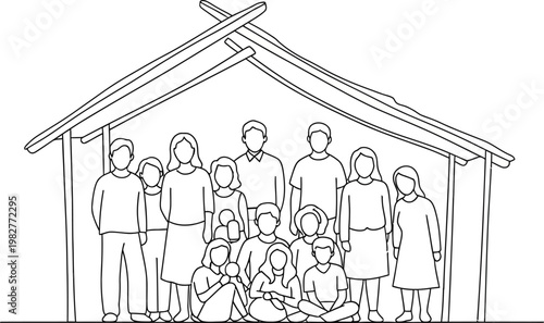A diverse family community featuring many adults and children gathers together under a simple protective home shelter.