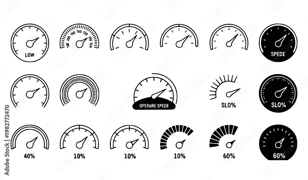 Fototapeta premium A collection of various speedometer and gauge icons in a simple line art style on a white background