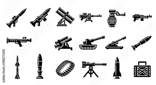 Collection of Various Military Weapons and Equipment.