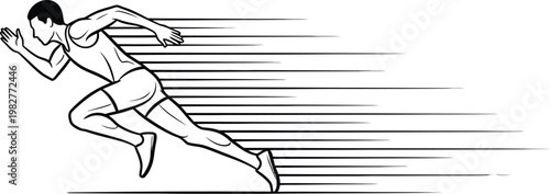 Athletic sprinter running forward with extreme speed represented by sharp motion lines in a clean professional black and white illustration