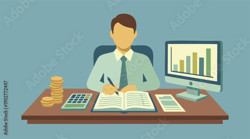 Business Professional Managing Finances and Analyzing Data at Desk