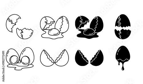 A set of black and white vector illustrations of cracked eggs in various styles and states of breakage on a white background
