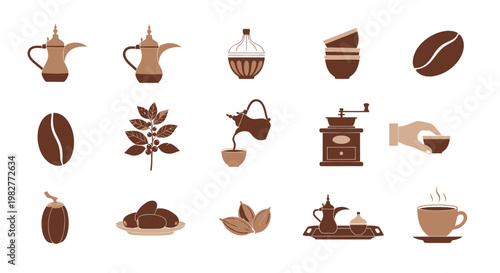 Arabic Coffee Culture Icons: Dallah, Beans, Dates, Cups, Grinder, Mint