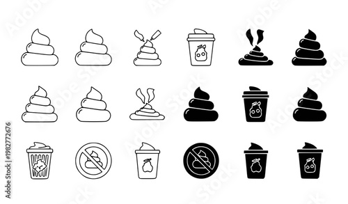 A set of vector graphic icons depicting various poop and coffee cup illustrations in black and white line art and silhouette styles on a white background