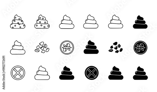 A set of flat vector icons depicting various styles of poop and bowel movement symbols in black and white on a white background