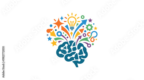 Icon of Creative Brain With Colorful Idea Sparks and Lightbulb Illustration for Innovation and Inspiration