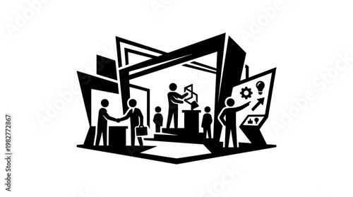 Icon of Business Conference or Seminar with Multiple Speakers and Audience in Transparent Style
