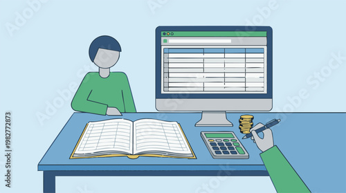 Financial management and data entry concept with desk, computer, and ledger