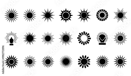 A collection of black sunburst icons on a white background in a vector graphic design with various shapes and styles