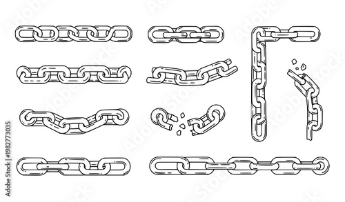 A set of black and white vector chain illustrations on a white background including various links and broken chains