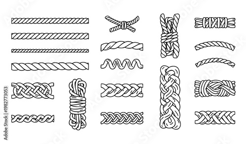 A collection of various rope designs and knots illustrated in a simple black line art style on a white background