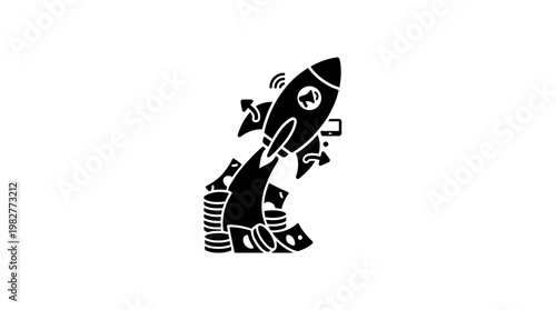 Vector Icon of Rocket Launching with Smiley Face in Space Theme