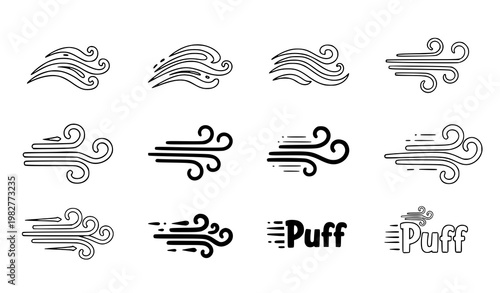 A collection of wind icons and puff logos in various line art styles and designs on a white background