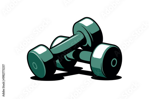 A pair of green dumbbells on a white background for fitness and exercise