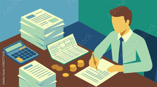 Man working on financial reports, accounting, and business documents