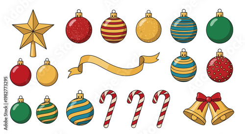 Christmas Ornaments Collection: Star, Baubles, Candy Canes, Bells, Ribbon