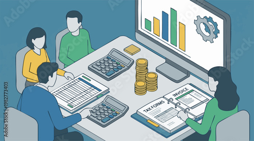 Business professionals analyzing financial data and tax forms