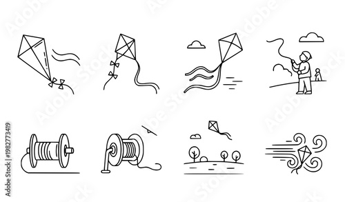 A set of eight minimalist line art illustrations depicting kites and kite flying scenes in a simple and stylized vector graphic design