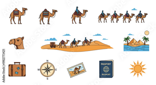Desert Caravan and Travel Icons: Camels, Pyramids, Suitcase, Compass, Passport, Sun