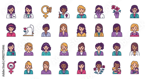 Diverse Women Icons Set: Empowerment, Femininity, Professionalism, Sisterhood