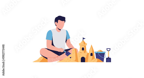 Man building sandcastle, beach scene, summer fun, vector illustration