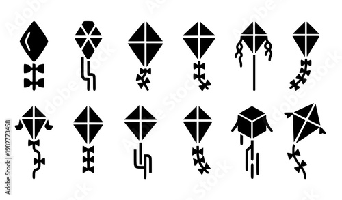 A set of black silhouette kite icons on a white background in a vector graphic design with various kite shapes and tail styles