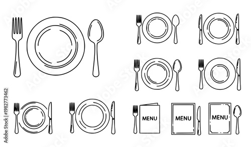 A minimalist vector graphic illustration of various table setting arrangements with plates, utensils, and menus in a simple line art style