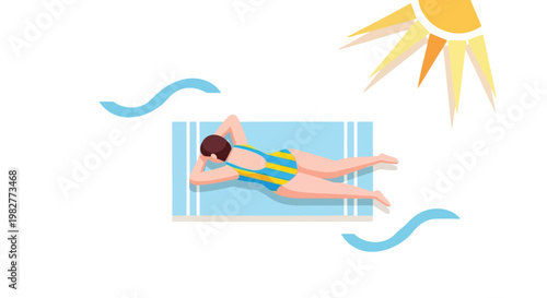 Summer, woman relaxing on beach towel, sunbathing, vector illustration, warm weather