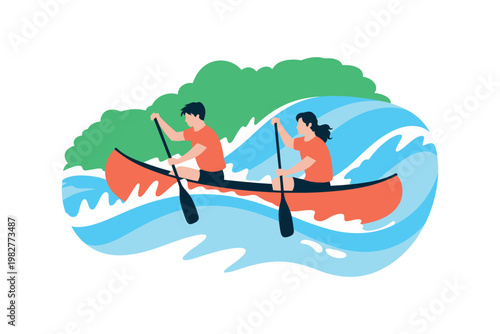 Two people paddling a canoe through calm waters surrounded by lush greenery