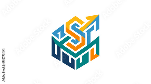 Vector Icon of a Modern 3D Geometric Cube with Abstract Interlocking Design