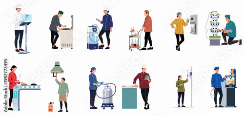 Flat vector illustrations of modern chefs utilizing advanced technology, molecular gastronomy tools, 3D food printing, and hydroponics in a futuristic kitchen setting.