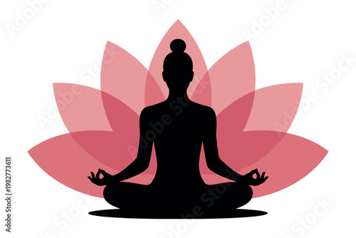 A serene silhouette of a person meditating in lotus position in front of a pink lotus flower