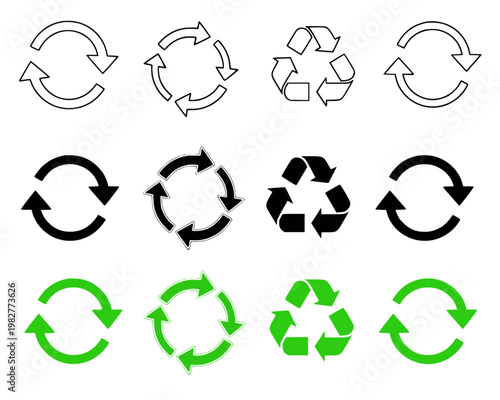 A set of recycling symbols in various styles and colors on a white background for use in eco-friendly designs and materials