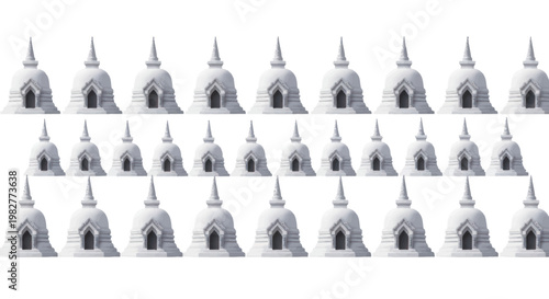 Seamless Pattern of White Buddhist Stupas, Pagodas, Asian Architecture, Religious Symbols, White Background