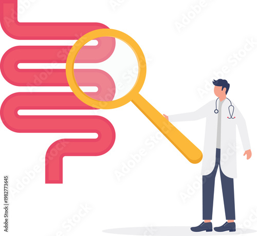 Doctor checking giant human intestine with a magnifier